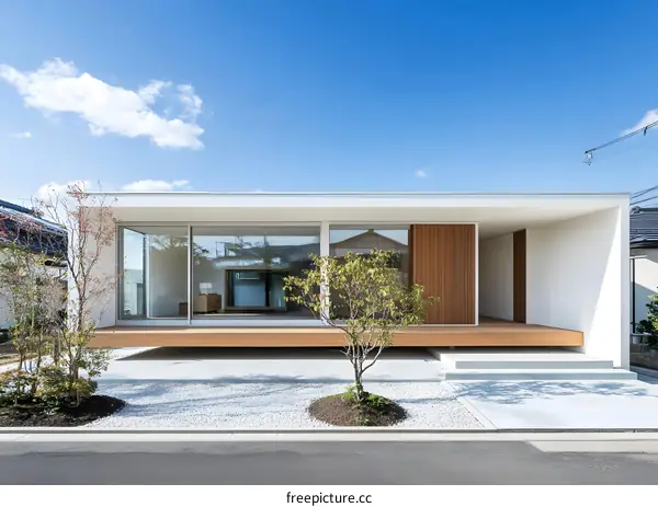 Modern White House with Large Windows and Wooden Deck