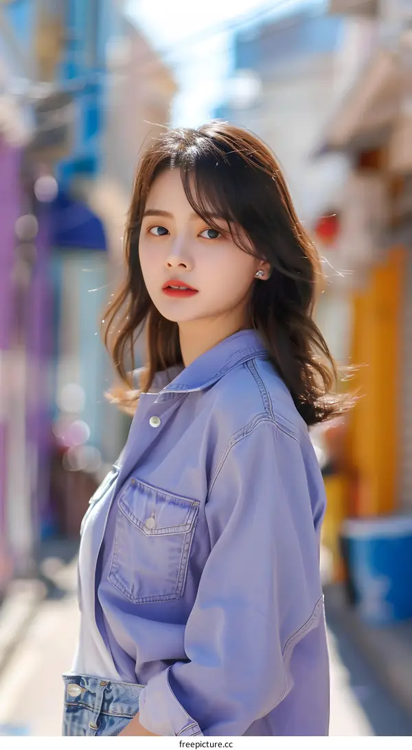 Beautiful Asian Woman in Denim Jacket Posing in Front of Colorful Buildings