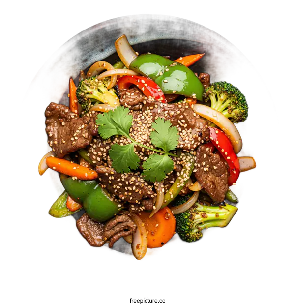[Transparent Background PNG]Stir-fried beef with various vegetables topped with sesame seeds