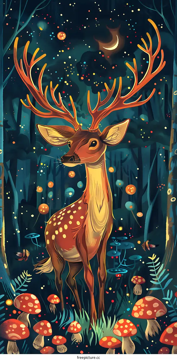 Magical Forest Illustration with a Deer and Mushrooms