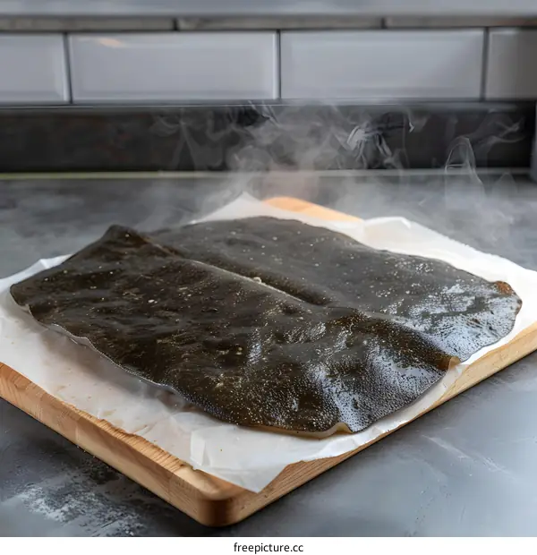 Black fish skin on a wooden board