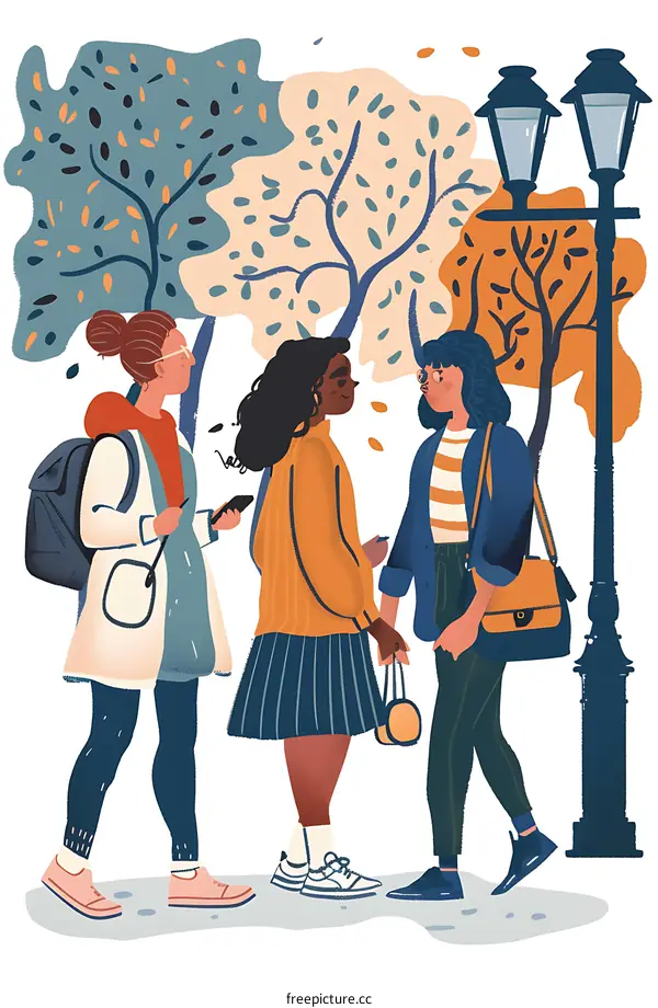 Three Diverse Women Friends Enjoying Fall Day in the Park