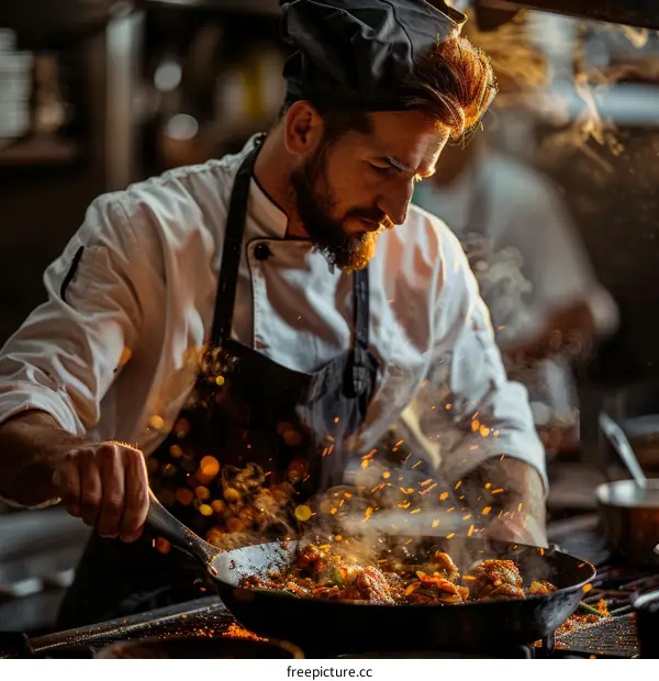 Focused male chef tossing food in a pan