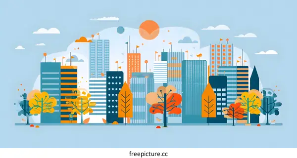 Colorful Cityscape with Abstract Buildings and Trees