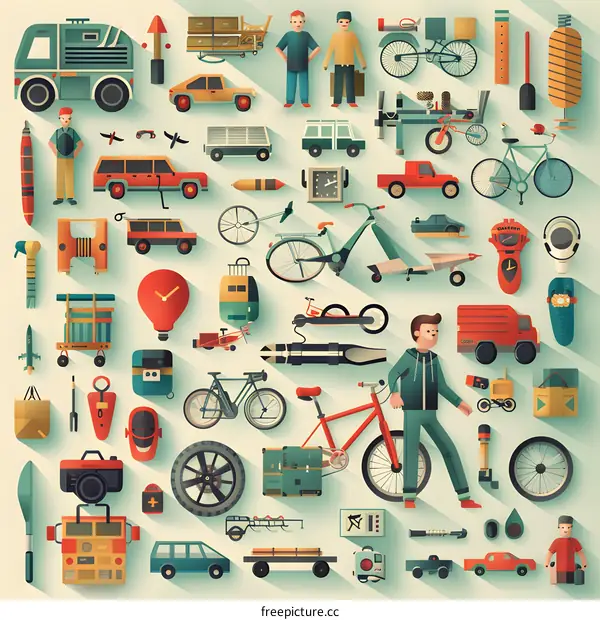 Illustrated Collection of Transportation and Everyday Objects