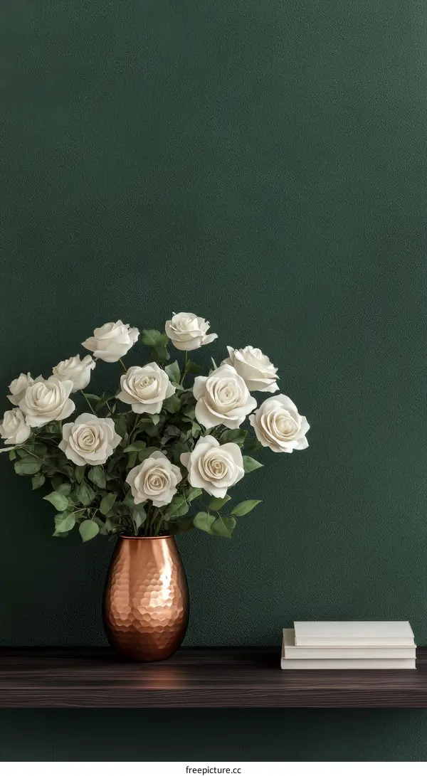 Elegant White Roses in Copper Vase on Dark Shelf
