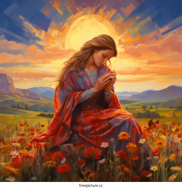 A Young Woman Kneeling in a Field of Flowers with a Sunset in the Background