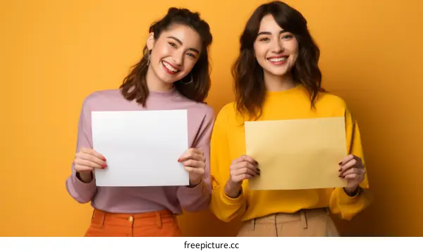Two young women holding blank signs