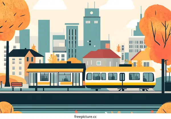 Train Station in the City with Autumn Leaves