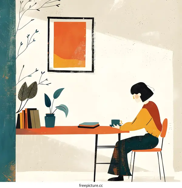 Woman Sitting at a Table with a Cup of Coffee