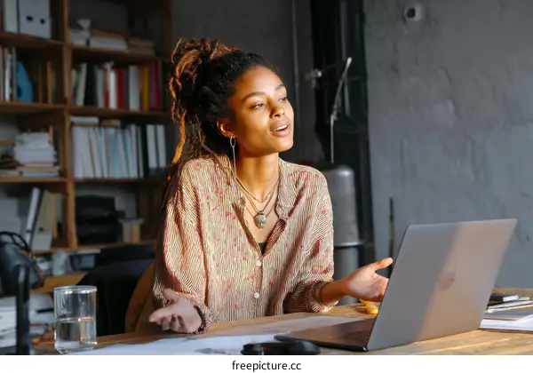 Focused Young Woman Working at Laptop