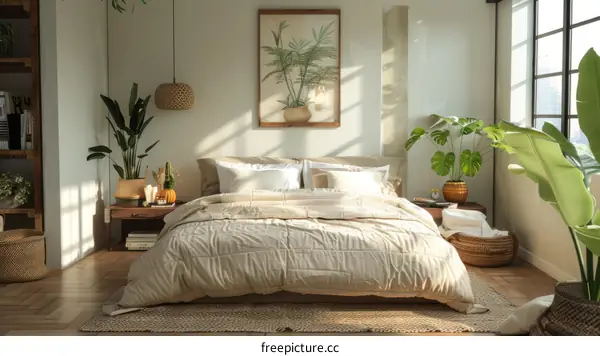 Bedroom with Cozy Bed, Plants, and Rug