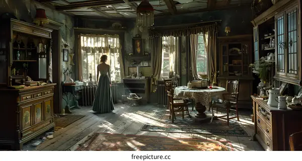 woman standing in a room with a lot of furniture