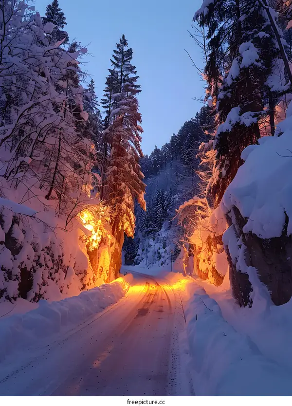 The road through the snow-covered forest