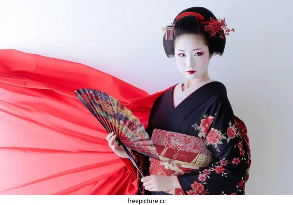 A Japanese maiko wearing a black kimono with red and white floral patterns and a red obi