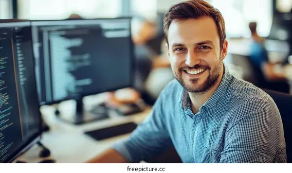 Smiling Caucasian Male Software Developer at Work