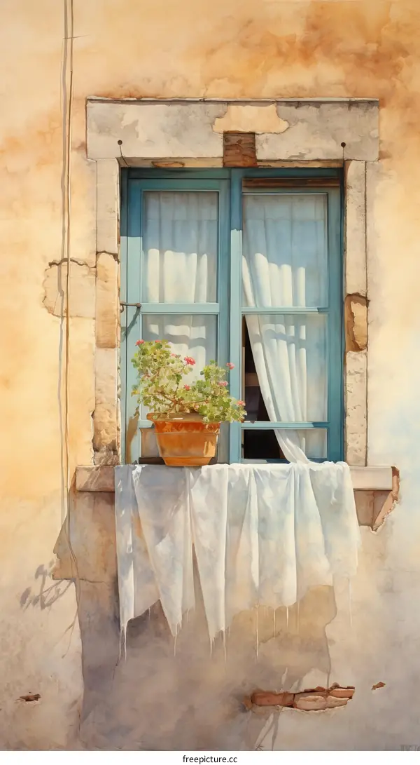 Watercolor painting of a window with a plant on the ledge