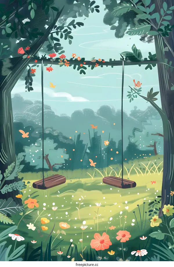Swing Set in the Forest Illustration