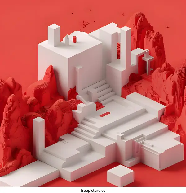 Abstract 3D Minimalist Architecture with Red and White Color Scheme