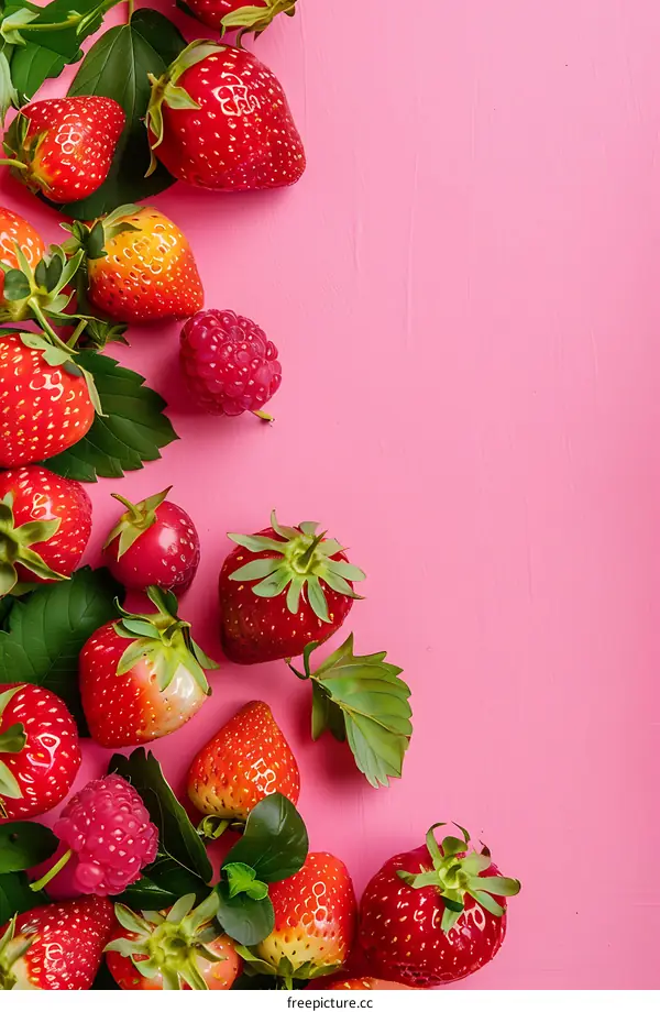 Fresh Red Strawberries and Raspberries on a Pink Background