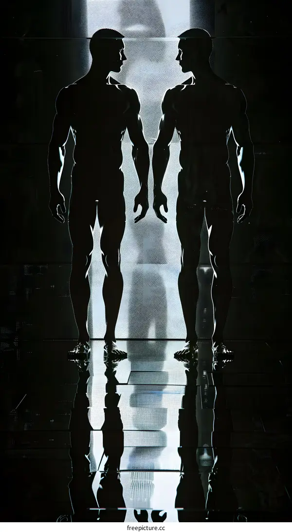 Two muscular mannequins in a mirrored room