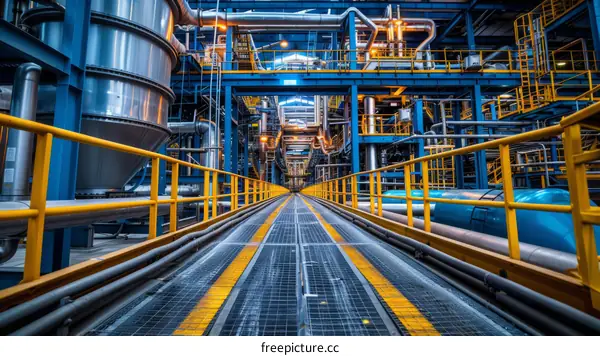 A blue and yellow industrial walkway with pipes and catwalks