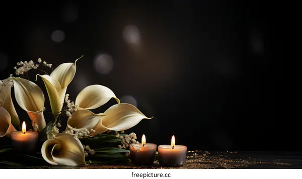White calla lilies and candles on a dark background