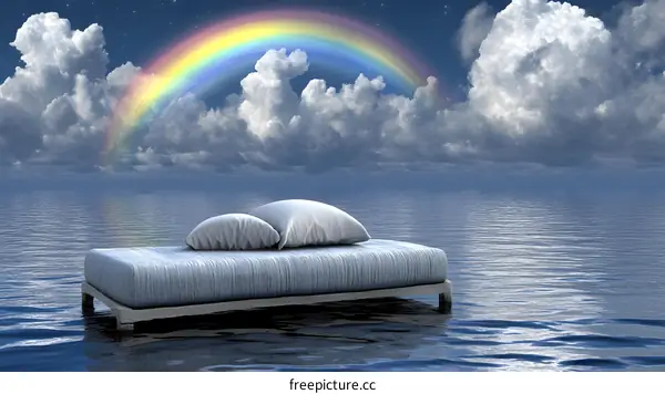 Floating Bed with Rainbow and Clouds in the Sky