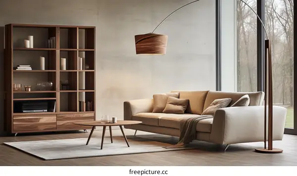 Elegant living room interior with wooden furniture and large windows