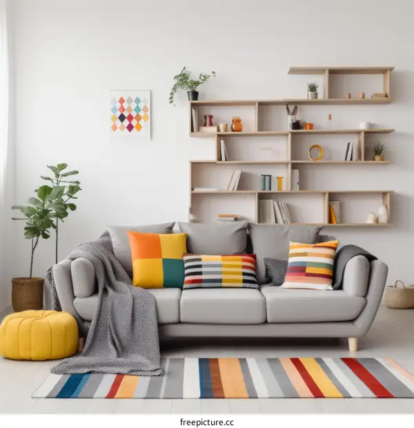 A Modern Living Room with a Geometric Rug and Colorful Pillows