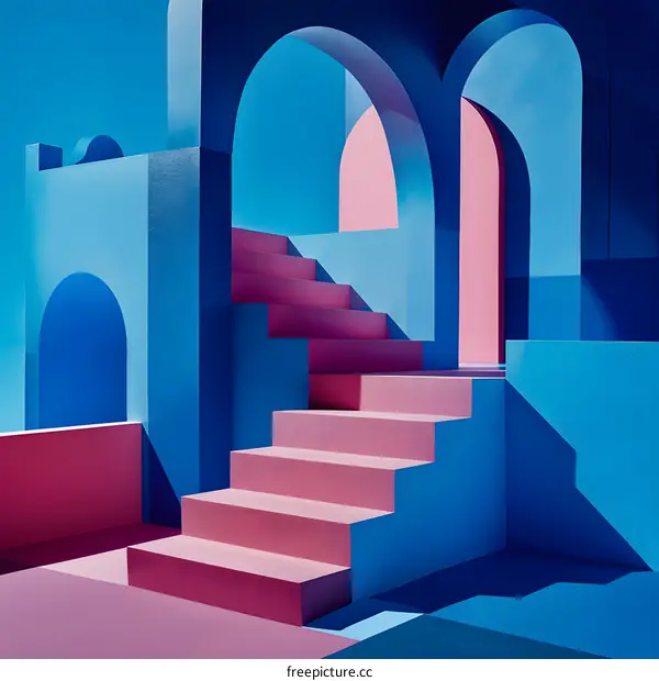 Abstract Staircase with Blue and Pink Walls and Arched Doors