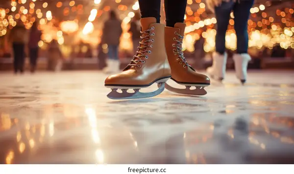 feet in ice skates on an ice rink with blurred background