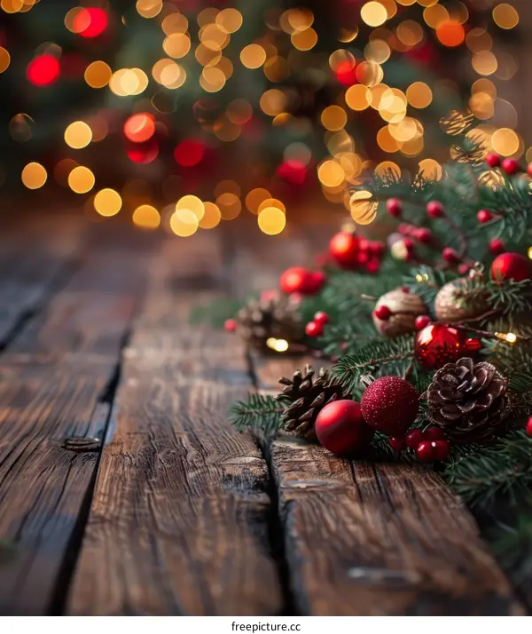 Christmas decoration with red and gold ornaments on a wooden table