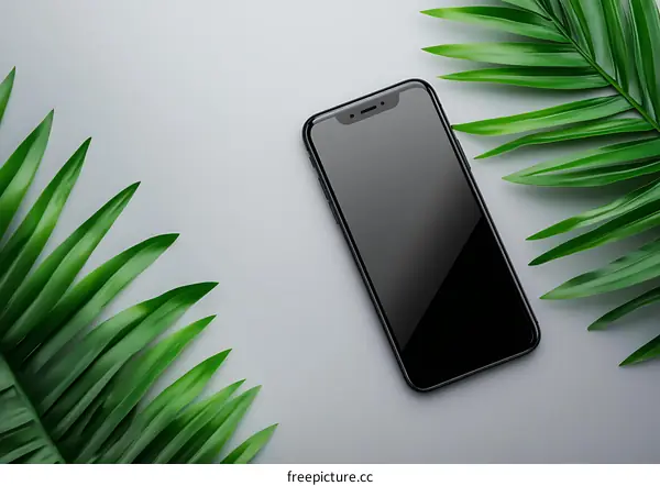 Black Smartphone Mockup With Green Leaves