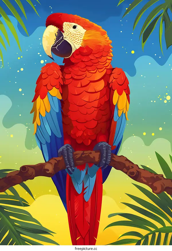 Red Macaw Perched on Branch with Tropical Leaves