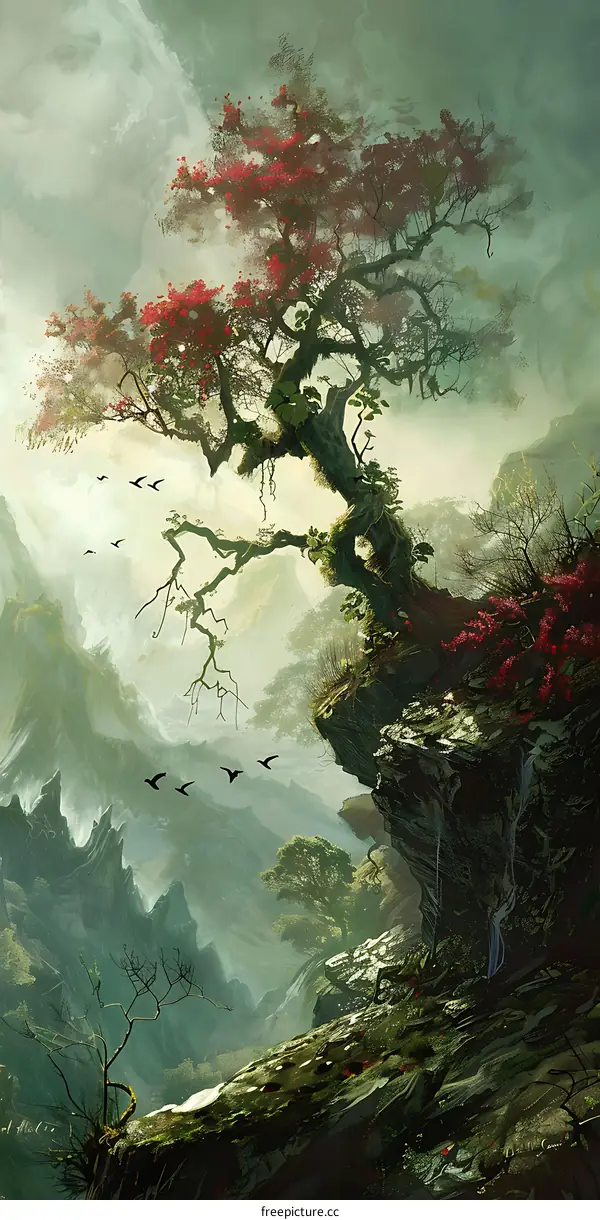 Fantasy Landscape With Red Tree On Cliff