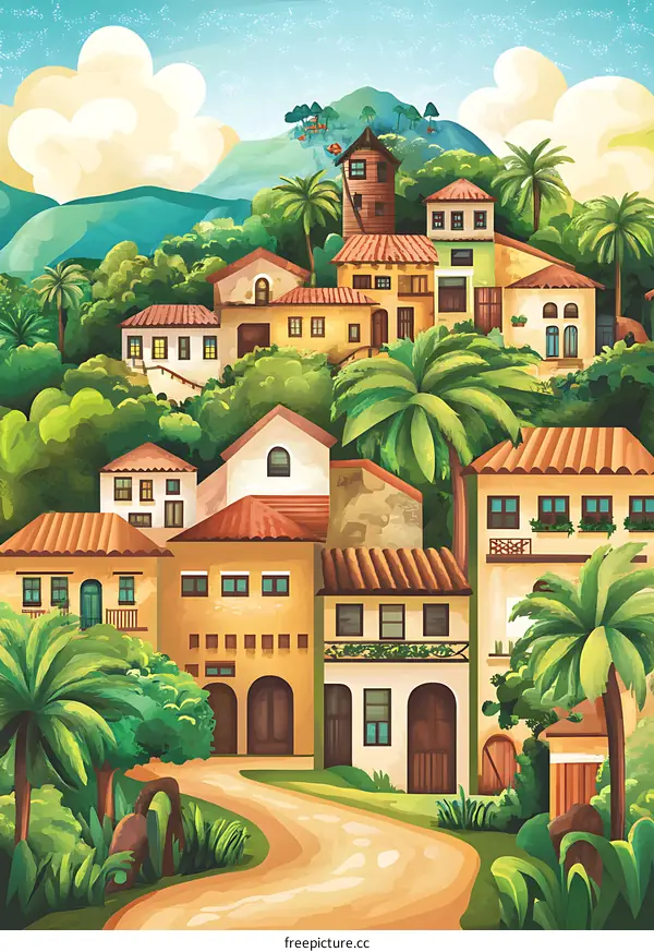 Beautiful Tropical Village Illustration with Lush Greenery and Winding Path