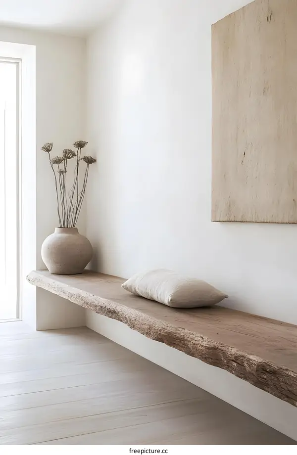 Minimalist Home Decor With Wooden Bench And Dried Flowers
