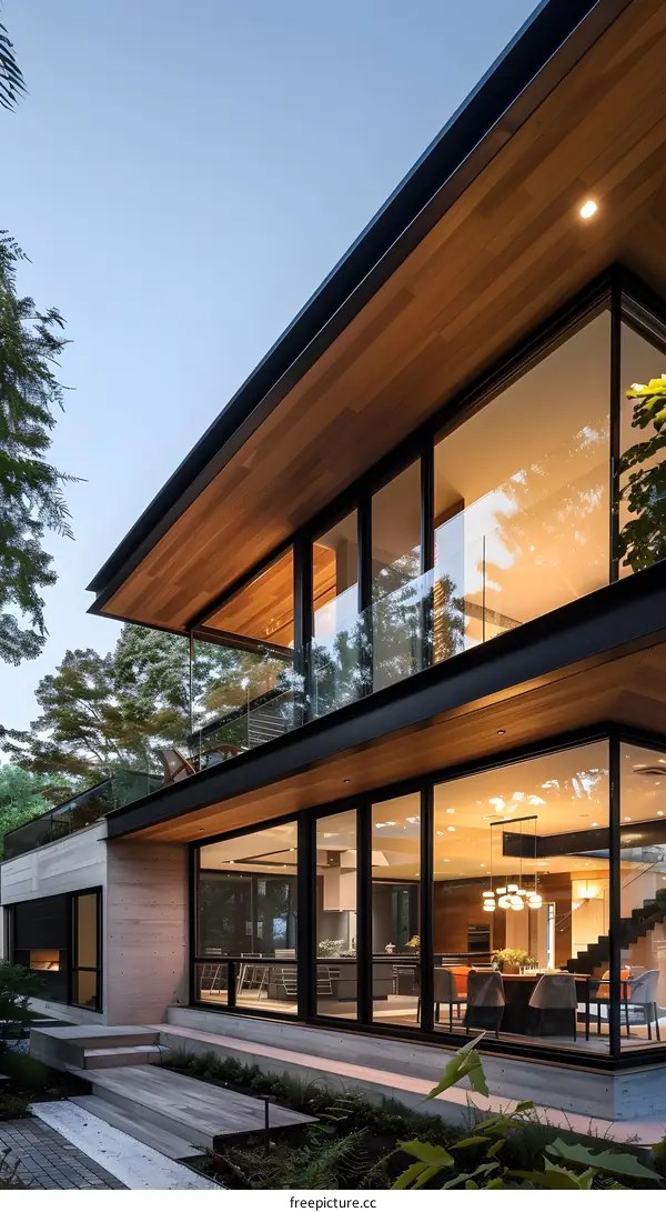 Modern House with Large Windows and Wood Accents