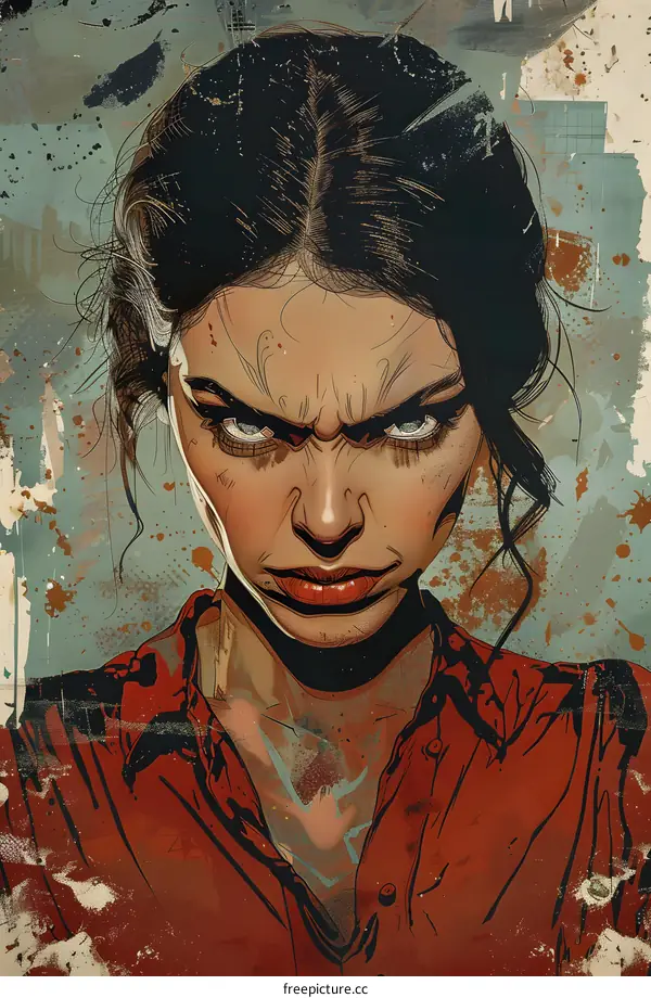 Woman with Angry Expression in Red Shirt