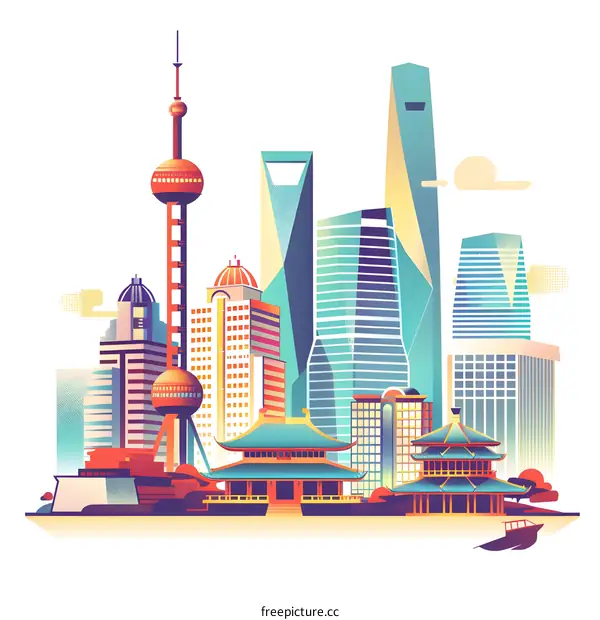 Shanghai Skyline Illustration with Modern and Traditional Architecture