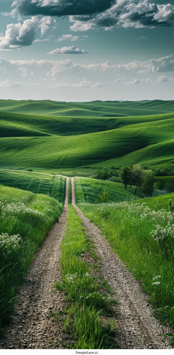 Countryside dirt road through rolling green hills