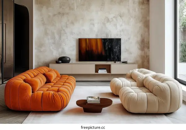Modern Living Room with  Orange and Beige Sofas