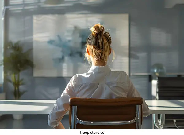 businesswoman looking at painting in the office