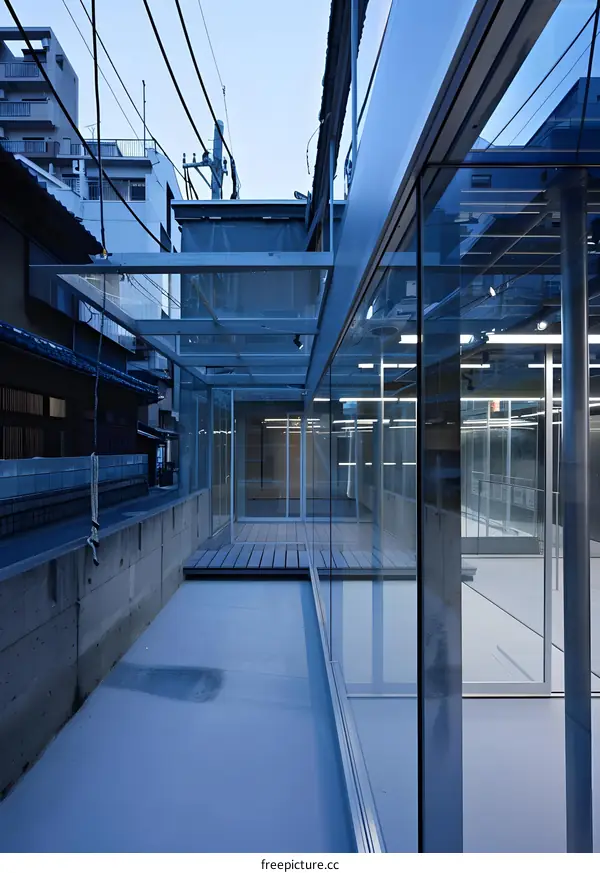 Modern Glass Facade Building with Wooden Deck and Concrete Walls