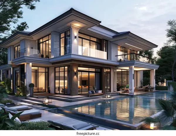 Luxury Villa Exterior with Infinity Pool at Twilight