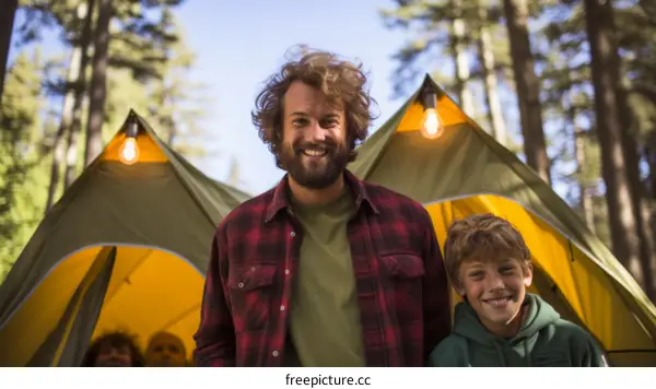 Happy family camping in the woods