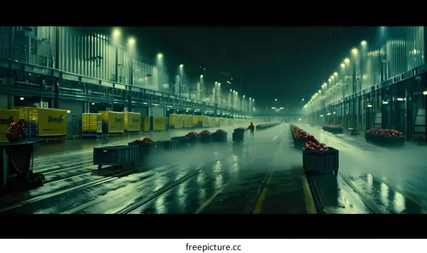 Nighttime View of a Factory Building with Red Containers Under Rain