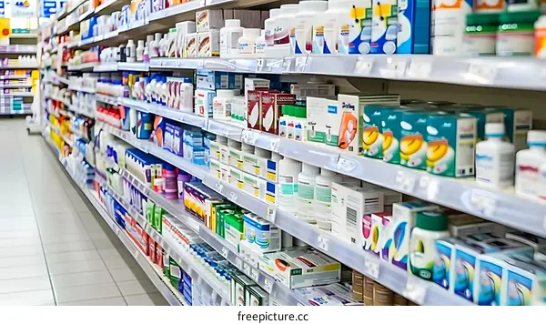 Pharmacy Aisle With Various Medications and Products
