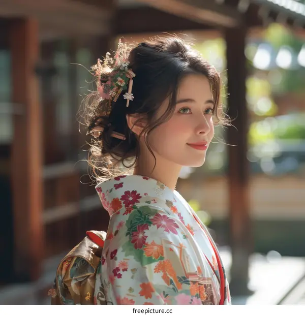 Portrait of a beautiful young woman wearing a kimono